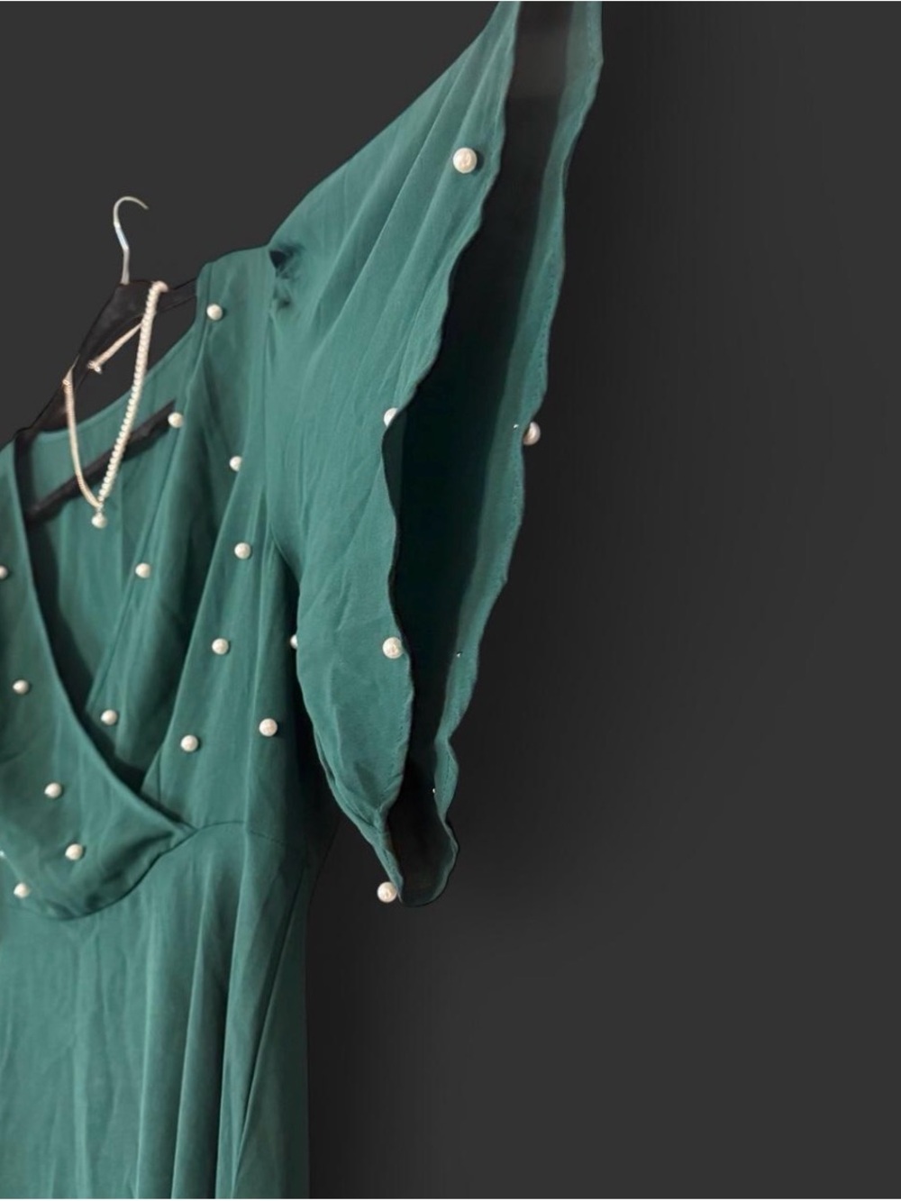 Dress V-Neck Midi Dress Pearls emerald green XL womans T length holiday flowy - Picture 2 of 7
